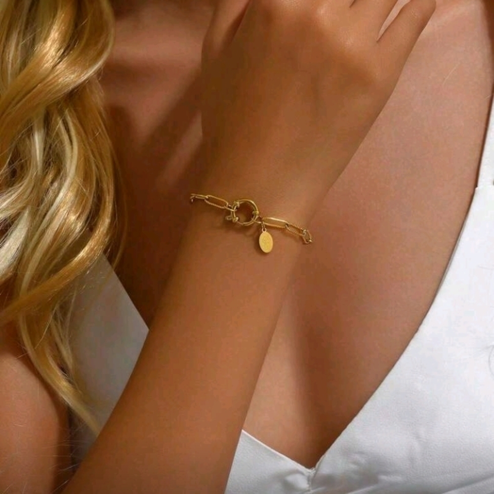NEW! Elegant Gold Paperclip Link Chain With Chunky Ring Clasp Bracelet